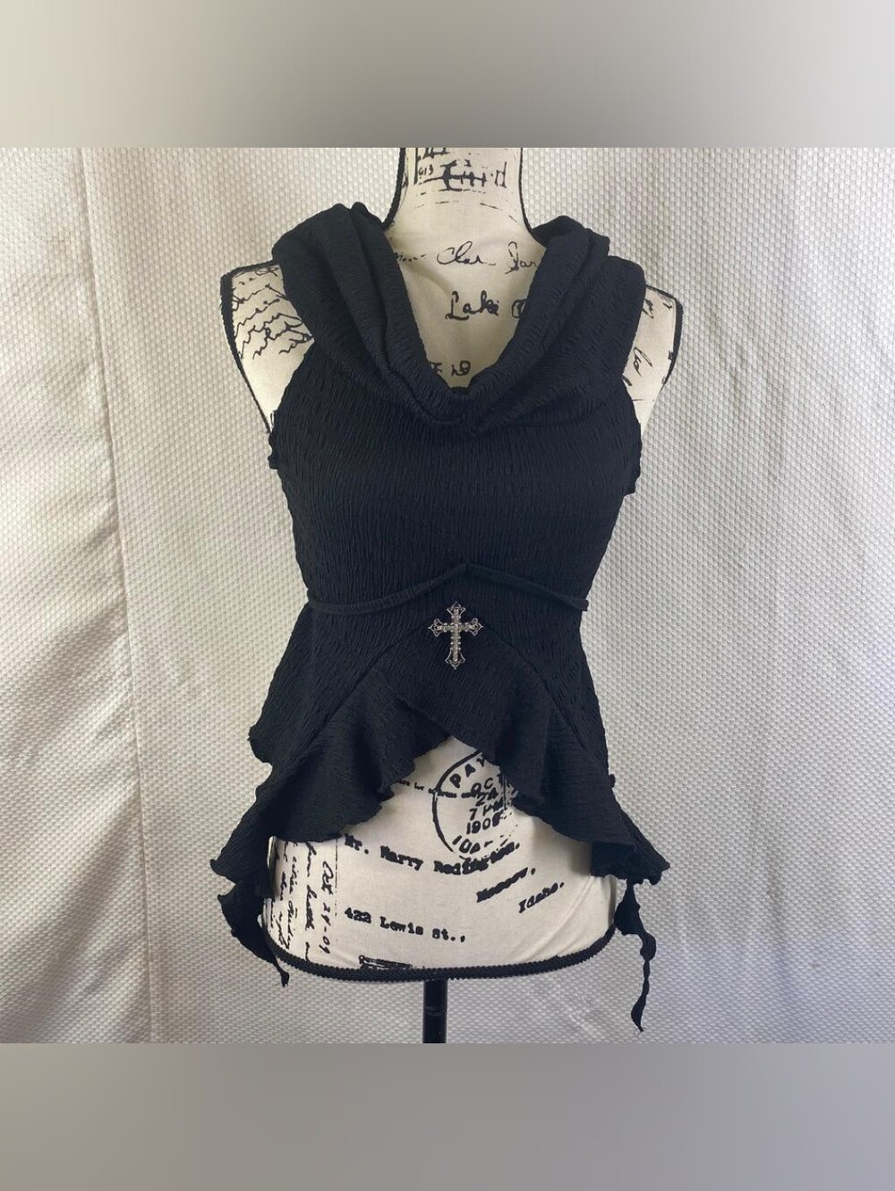 ROMWE Goth Black Hooded Cowl Neck Cross Peplum Top Size S